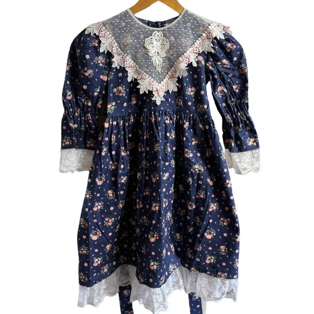 VTG 80s JINELLE Lace Bib Lace Trim Floral Fruit Party Dress in Navy & Pink  SZ 6